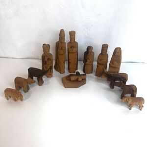Nativity Scene Wooden Hand Carved Olive Made in Israel VTG 14 PC Set Christmas